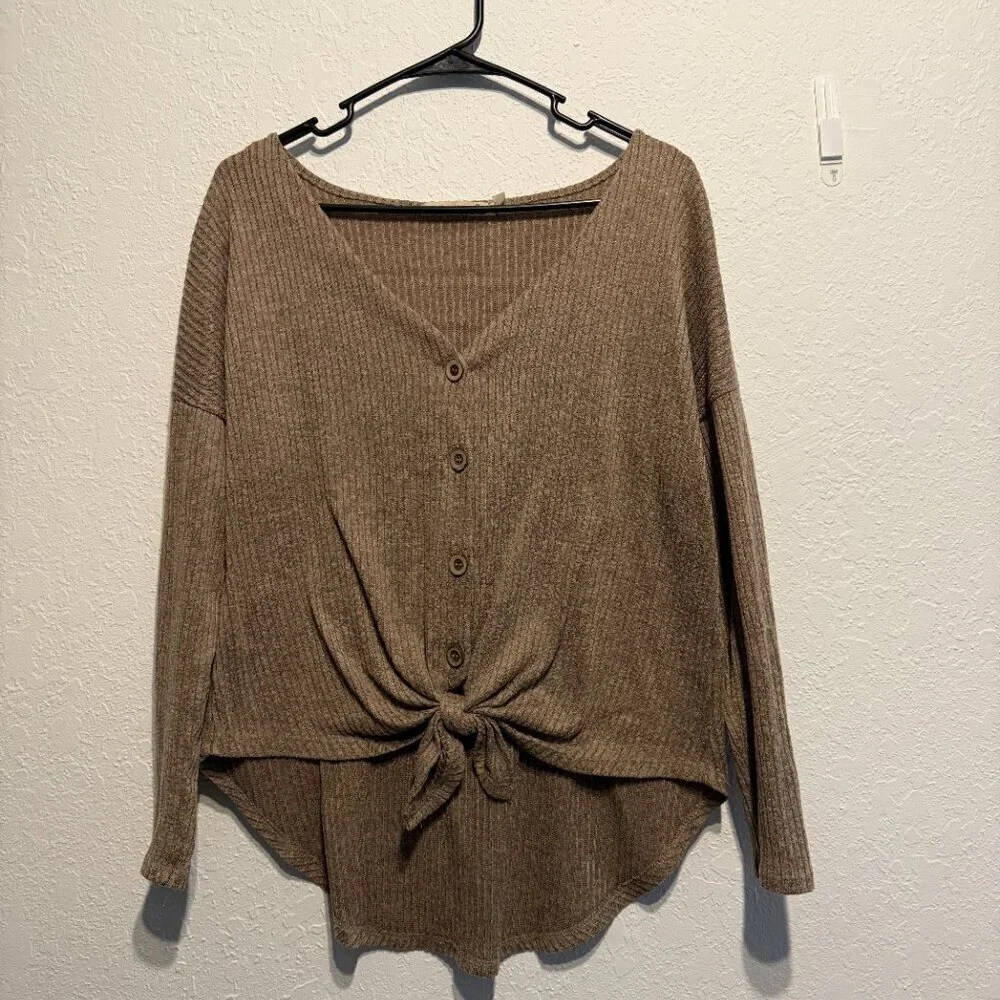 Liberty Love Brown Ribbed Knit Button Down Tie Front Blouse Women’s Size L Top